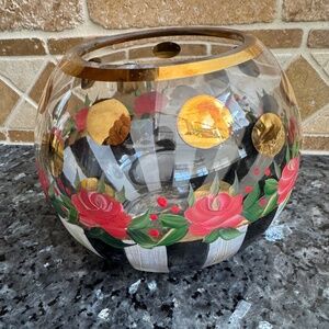 Mackenzie Childs Heirloom Black White Circus Stripe Rose Bowl EUC Retired 5.5" t